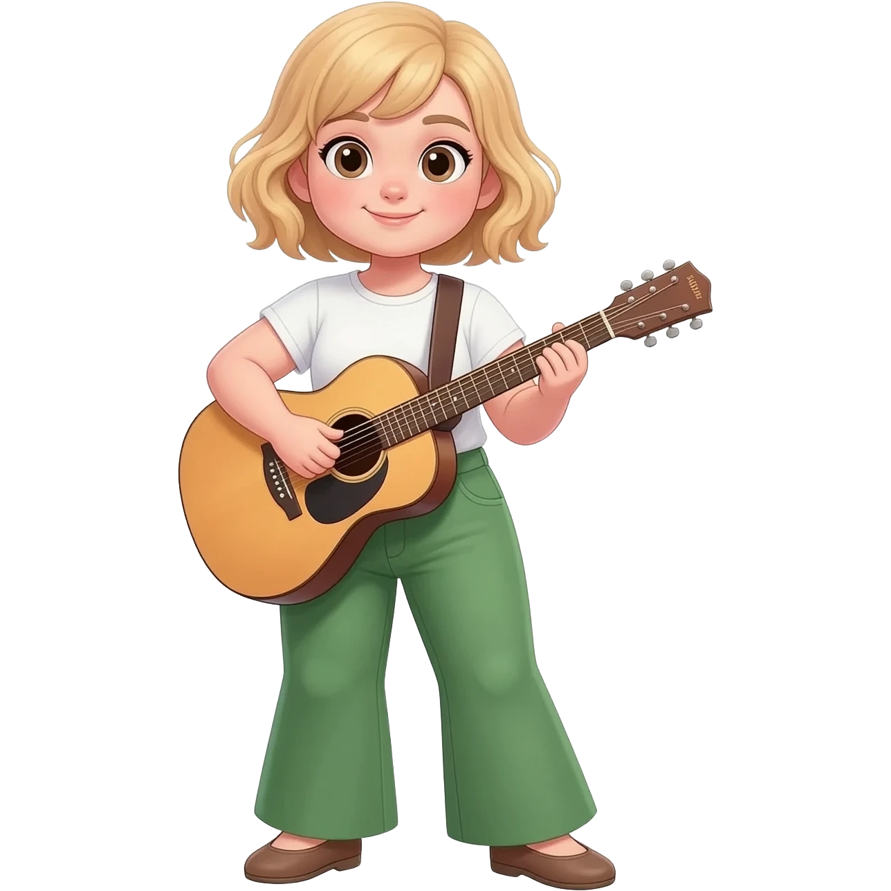 Young white girl with short chin length wavy blonde hair.  She is short and chubby.  She is wearing flared green pants, flat shoes and a white T-shirt. She is playing a guitar. emoji