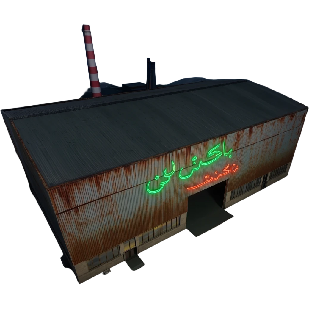 a industrial building from an overhead view in a foreign country in the style of dark realism emoji