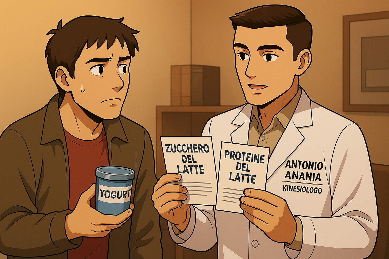 fai un webtoon manga a colori con questo stile, in cui un uomo ASCOLTA Il kinesiologo con il camice bianco (fagli anche la scritta "ANTONIO ANANIA" SUL CAMICE, IL KINESIOLOGO SPIEGA ALL'UOMO UNA COSA TENENDO DUE FOGLIETTINI IN MANO, UNO CON LA SCRITTA "ZUCCHERO DEL LATTE" E UNA CON LA SCRITTA "PROTEINE DEL LATTE". L'UOMO OSSERVA LO YOGURT CHE HA IN MANO CON ESPRESSIONE DUBBIOSA IN VOLTO. non fare i fumetti però, fai solo in modo che sembri stiano parlando emoji