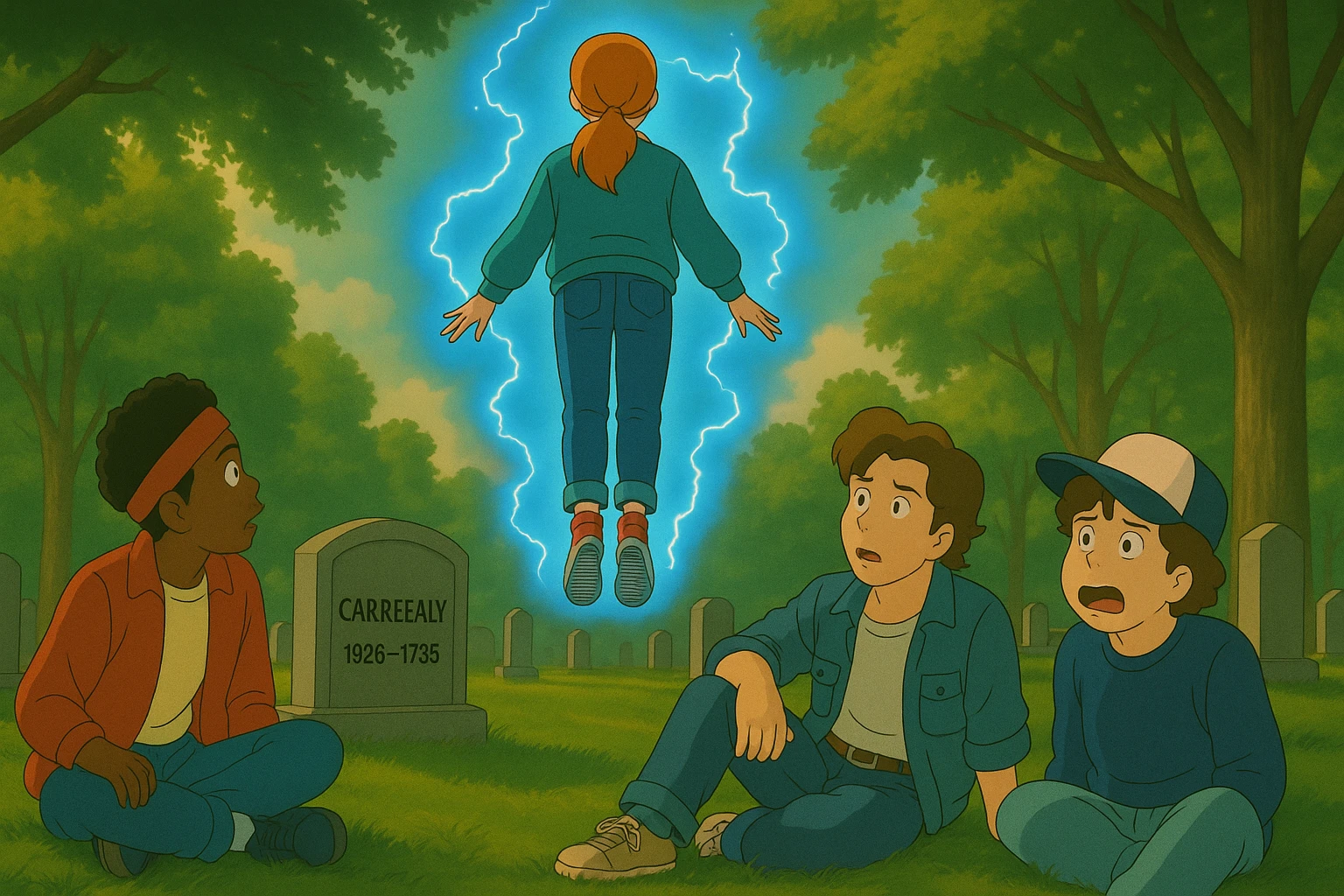 Max from Stranger Things levitating with her back to the viewer, floating in front of Lucas, Steve, and Dustin, who are all looking at her. Dustin is visibly frightened. Ghibli style, wide aspect ratio (16:9), supernatural glowing effects, dramatic mood. emoji