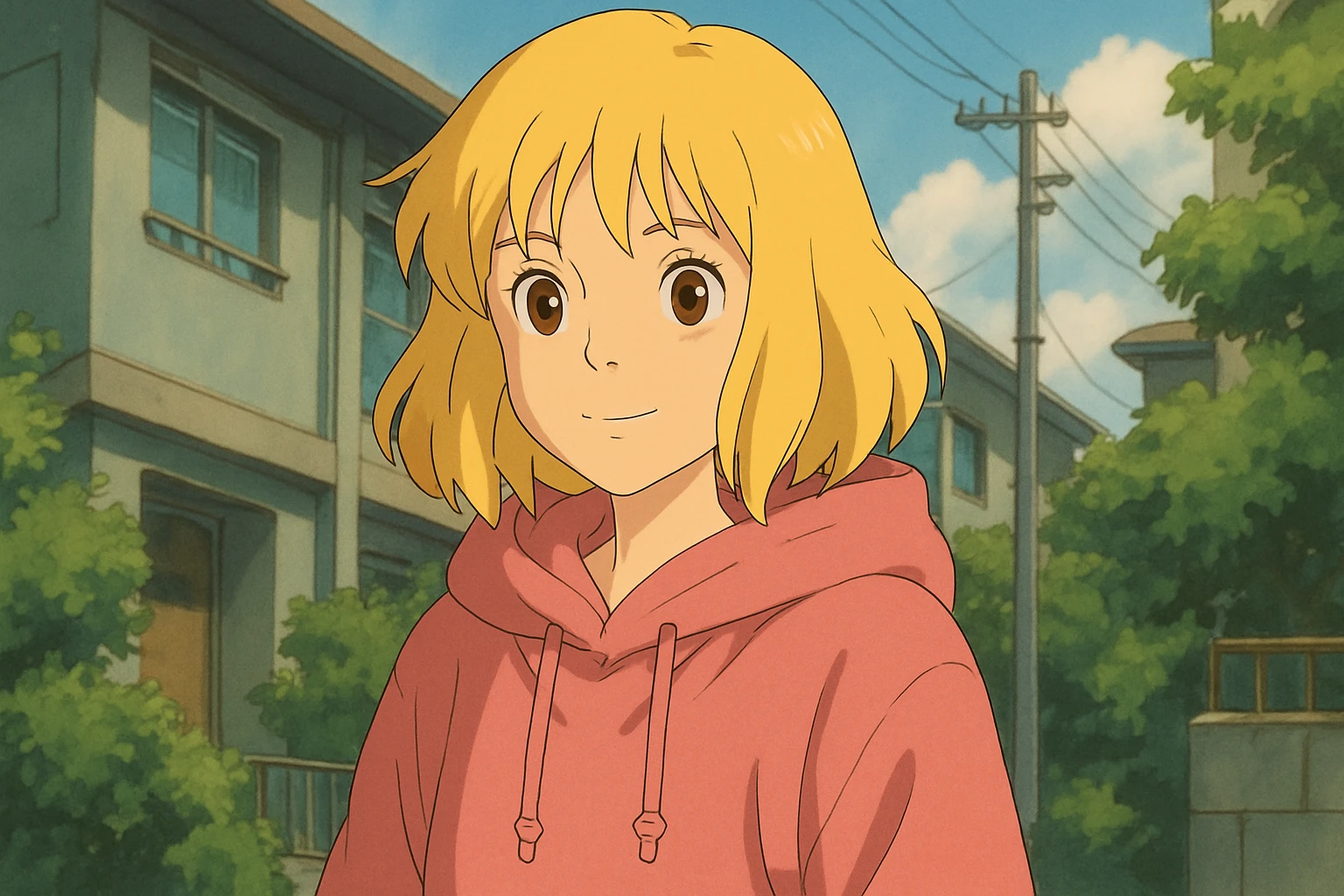 A girl yellow hair brown eyes pink Urban Heavy Loose Fit Hood Sweat emoji