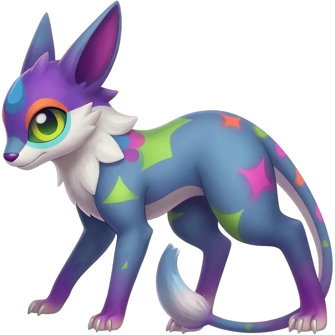 Rare realistic exotic edgy epic pretty beautiful handsome gorgeous aesthetic colorful vibrant Vernid-Trico-species-Fakemon-creature by LiLaiRa, 4 legs, 1 tail, random markings, (full body) emoji