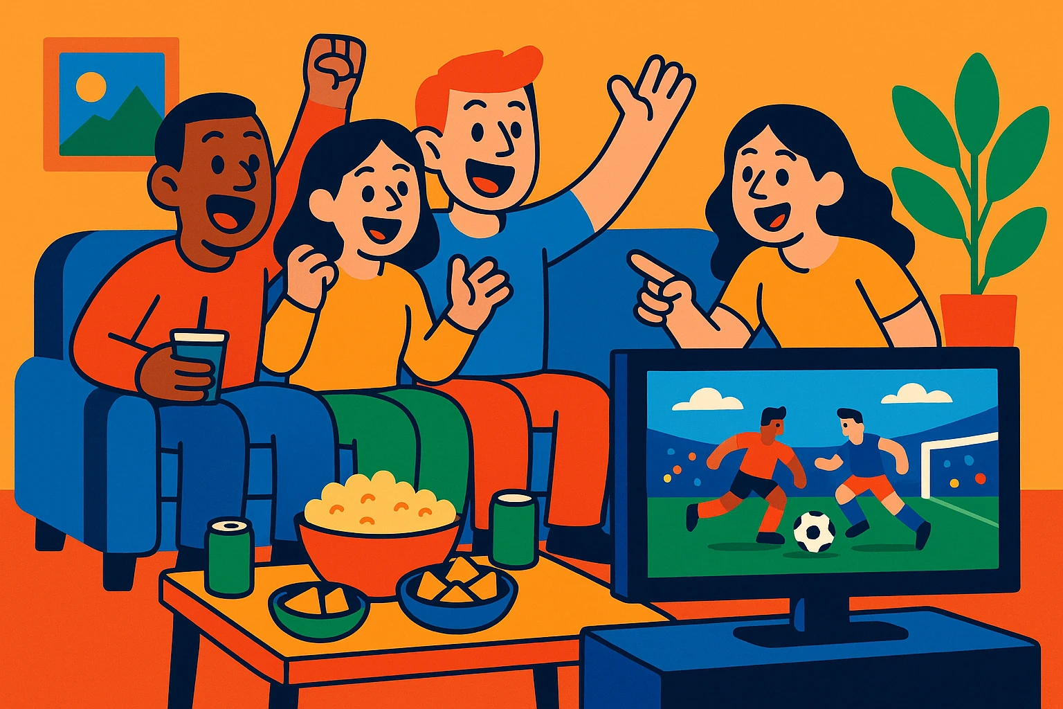 group of friends watching a football match on TV with snacks and drinks around emoji