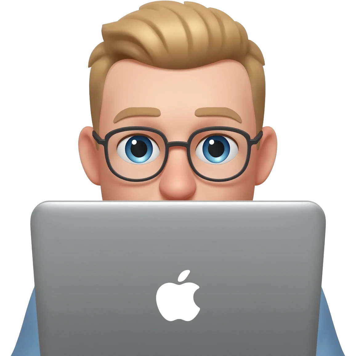 парень 30 лет с короткострижеными волосами без очков европейской внешности с голубыми глазами сидит за макбуком видно только глаза и лоб, остальное скрыто за макбуком  (волосы русого цвета) emoji