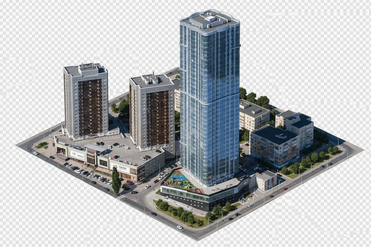 Изометричная, яркая, детализированная, объемная и фотореалистичная иллюстрация ЖК «Volga Sky» в Саратове. Чёткие контуры, не размазанные линии, высокое качество, прозрачный фон, не обрезать края картинки emoji
