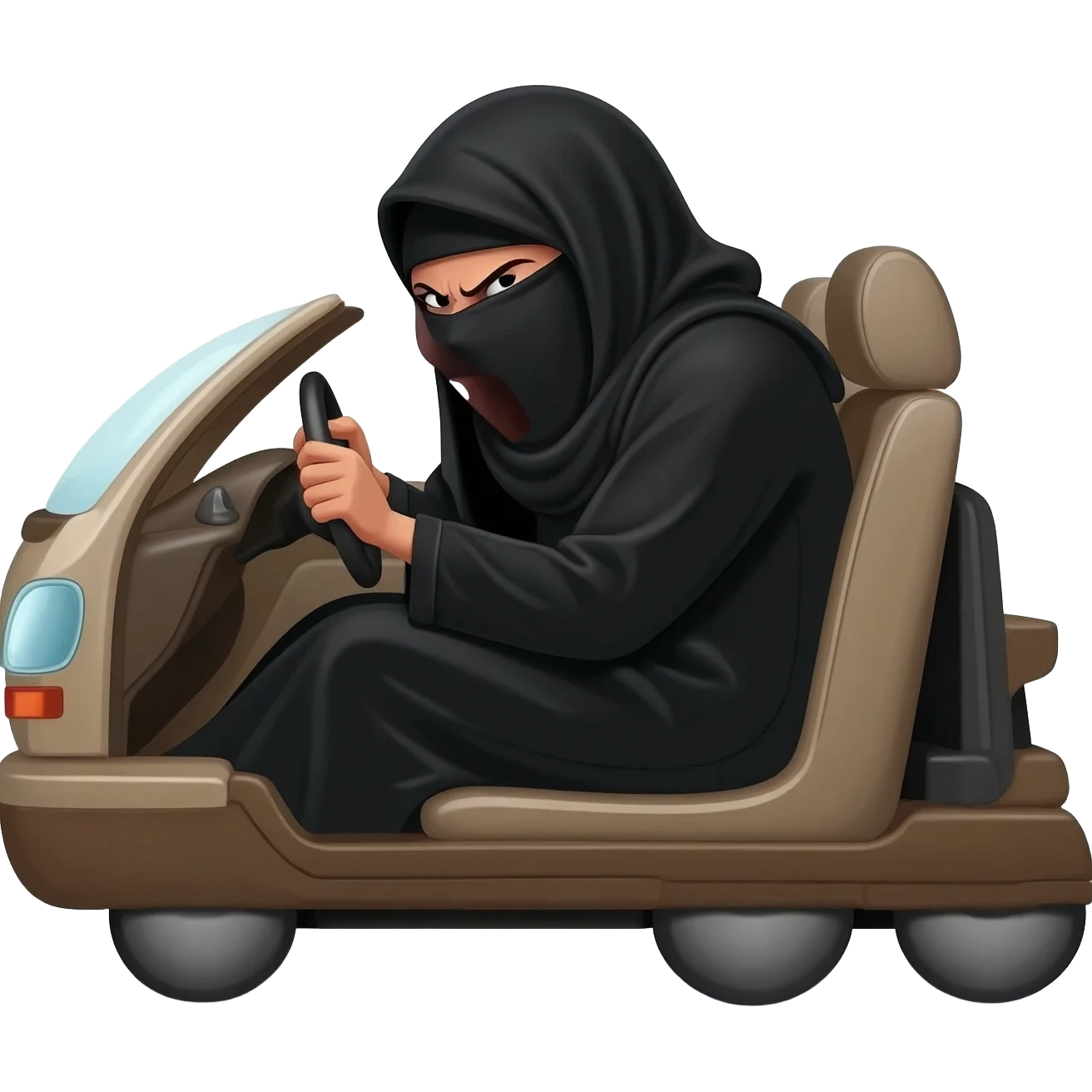 une grosse femme dominatrice avec burca noir hurle et insulte un jeune conducteur assis a cote d elle dans sa voitureassise à côté d un jeune conducteur emoji