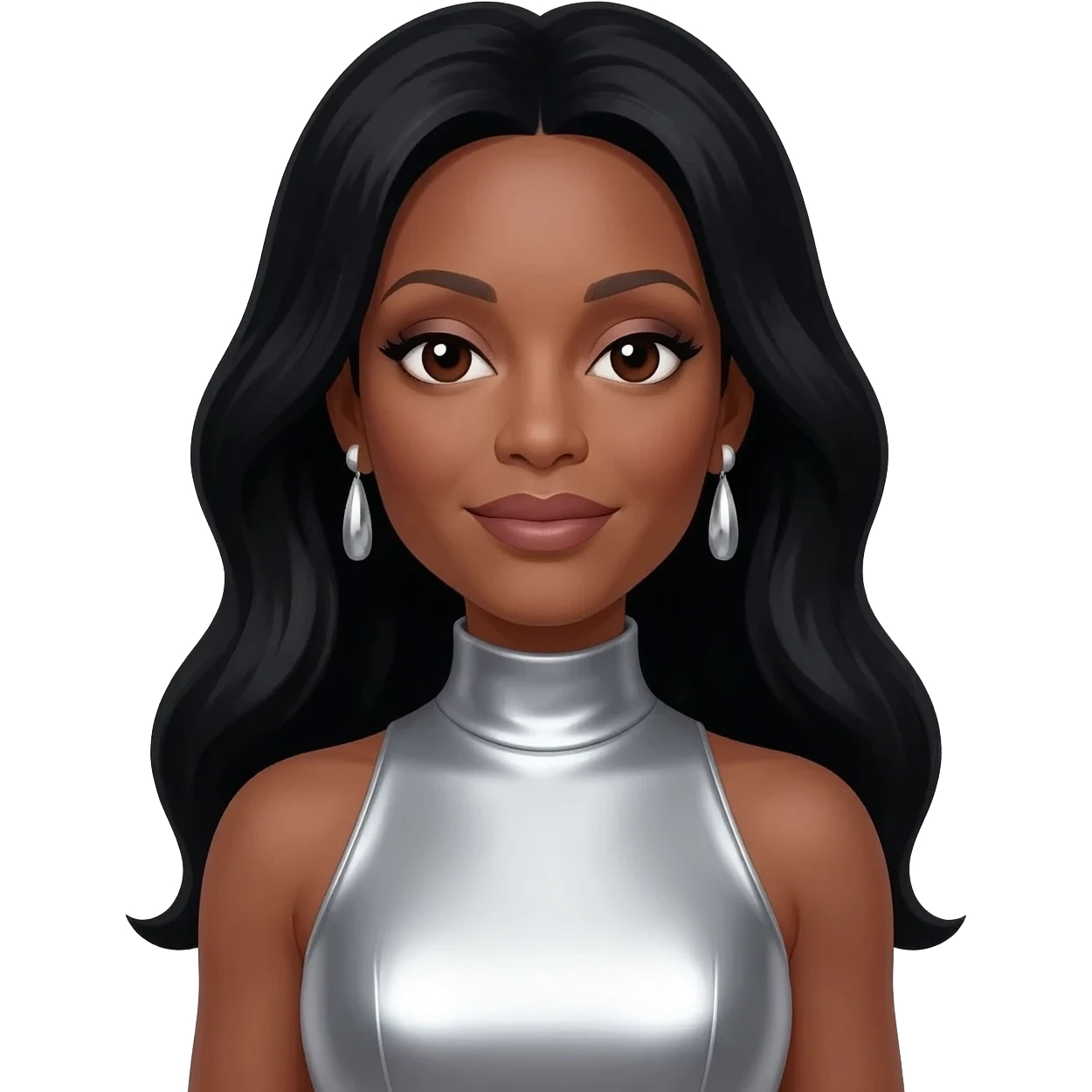 Diana Ross with dark brown eyes, long black hair, silver metallic turtleneck dress, silver earrings emoji