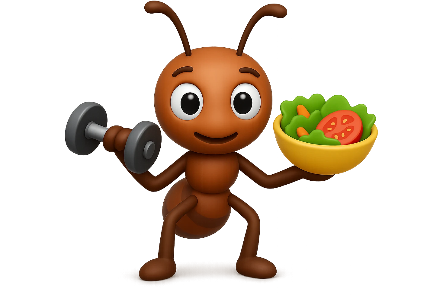 EMOJI STILE IPHONE 3D DI UNA formica CHE ha un manubrio da palestra nella mano destra e un insalata nella mano sinistra, FAGLI GLI OCCHI CON LA PARTE BIANCA, NON SOLO LA PUPILLA emoji