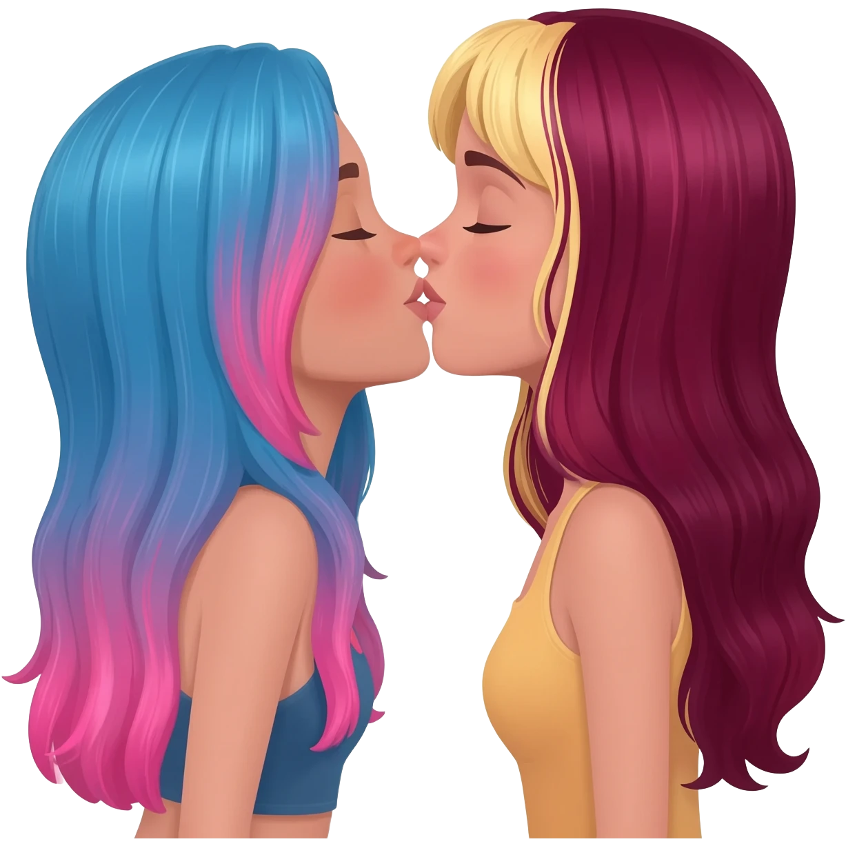 femme lesbians kissing, both pale white, one has long blue and pink hair, the other has long burgundy hair with streaks of blonde and pink at the front emoji