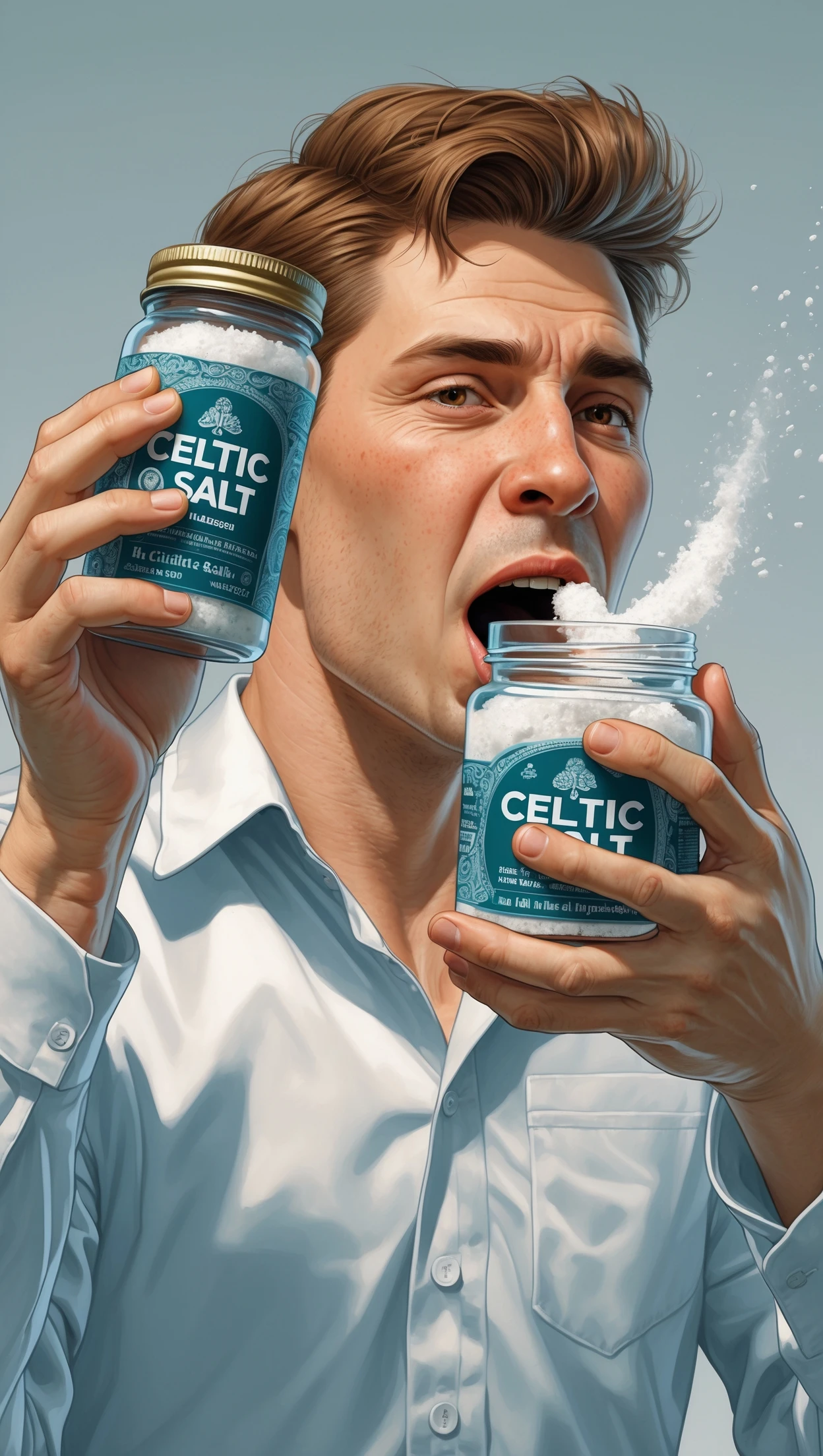 A MEDICAL ILLUSTRATION OF A REALISTIC human body holding a jar with "CELTIC SALT" written on the label, he throws it in his mouth DURING BREAKFAST emoji