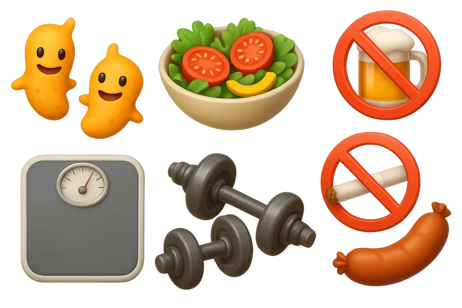 emoji stile iphone di: due batteri intestinali felici, una bowl di insalata, una bilancia pesapersone, manubri da palestra, e un boccale di birra con divieto 3d sopra, una sigaretta con divieto 3d sopra e un wurstel con divieto 3d sopra, fluttuano in aria, iperrealistico 4k emoji