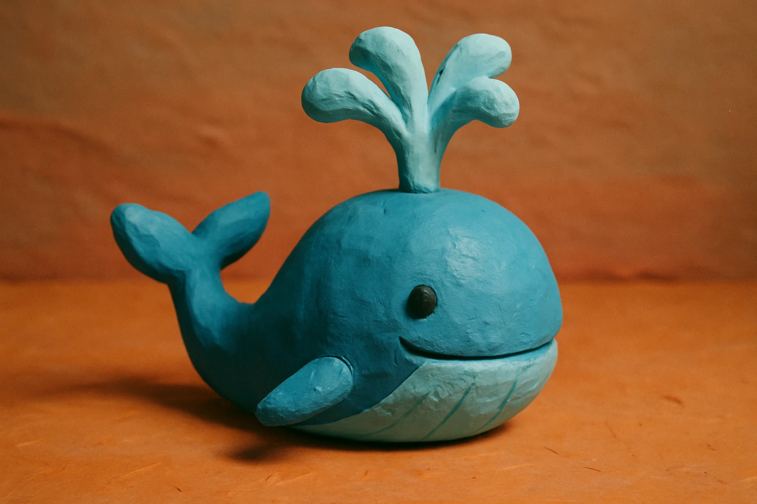 a blue whale with a water spout, claymation style emoji