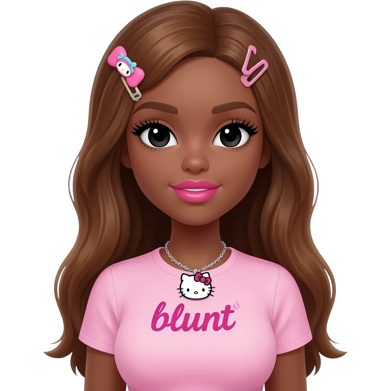Long lashes, my melody hairclip, Doll faced shaped, hello kitty necklace, bimbo, black doll eyes, Big lips barbie, long dark brown skin with honey brown hair, light pink bimbo shirt says "blunt" , big breast emoji