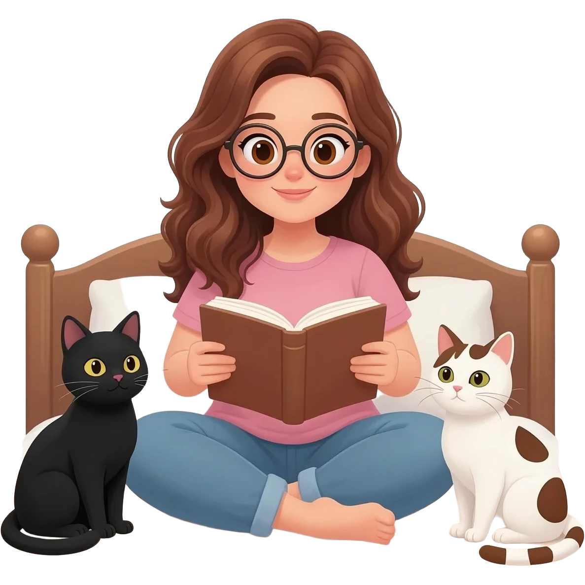 detailed emoji illustration of a curvy woman with long chestnut brown wavy hair, light brown eyes and round glasses sitting on a bed and reading a book, with two cats beside her: one black cat and one white cat with brown spots, cozy bedroom atmosphere, cute emoji style emoji