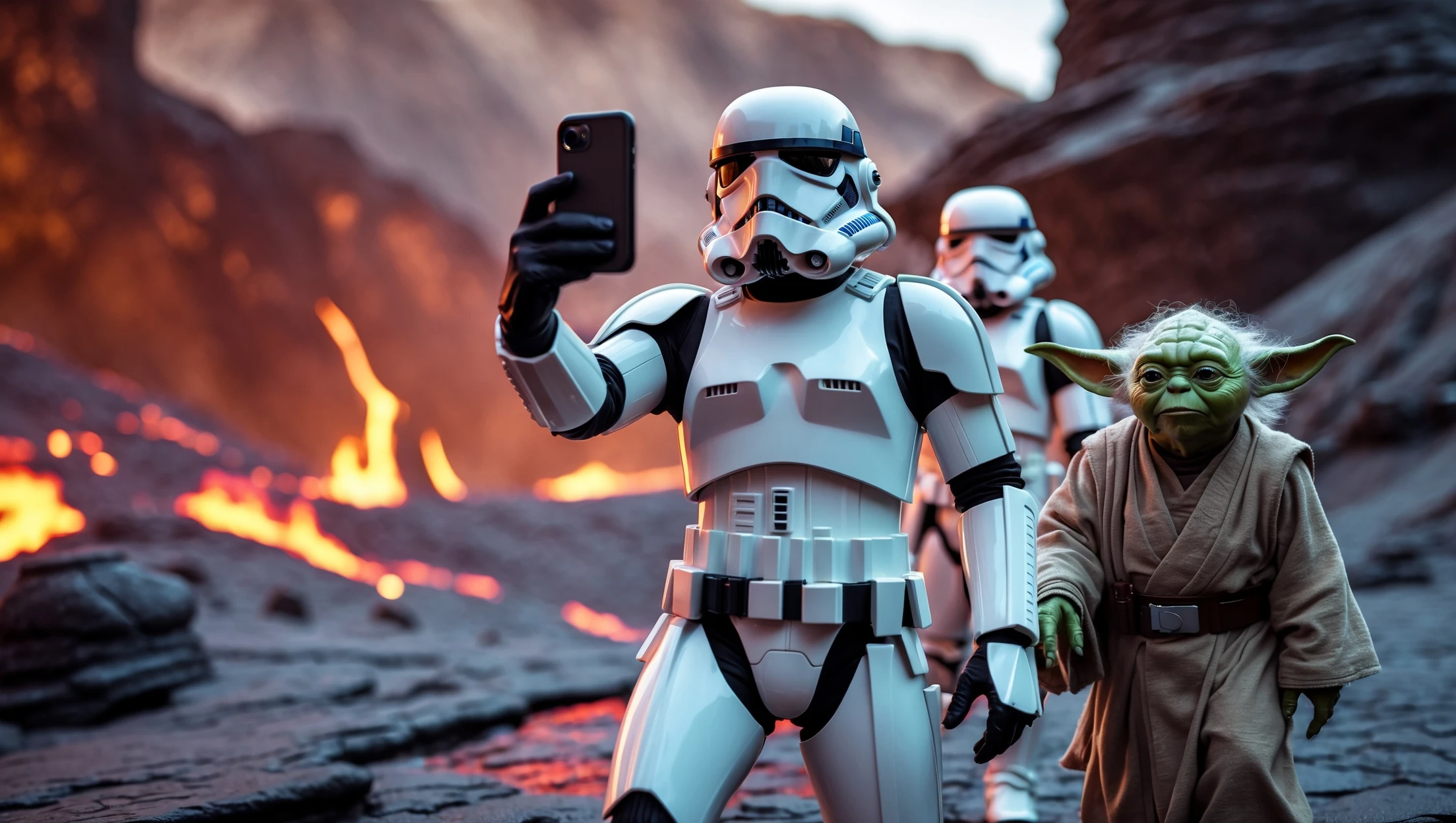 Camera POV, Starwars stormtroopers vlogging selfie, he is walking on lava planet with yoda emoji