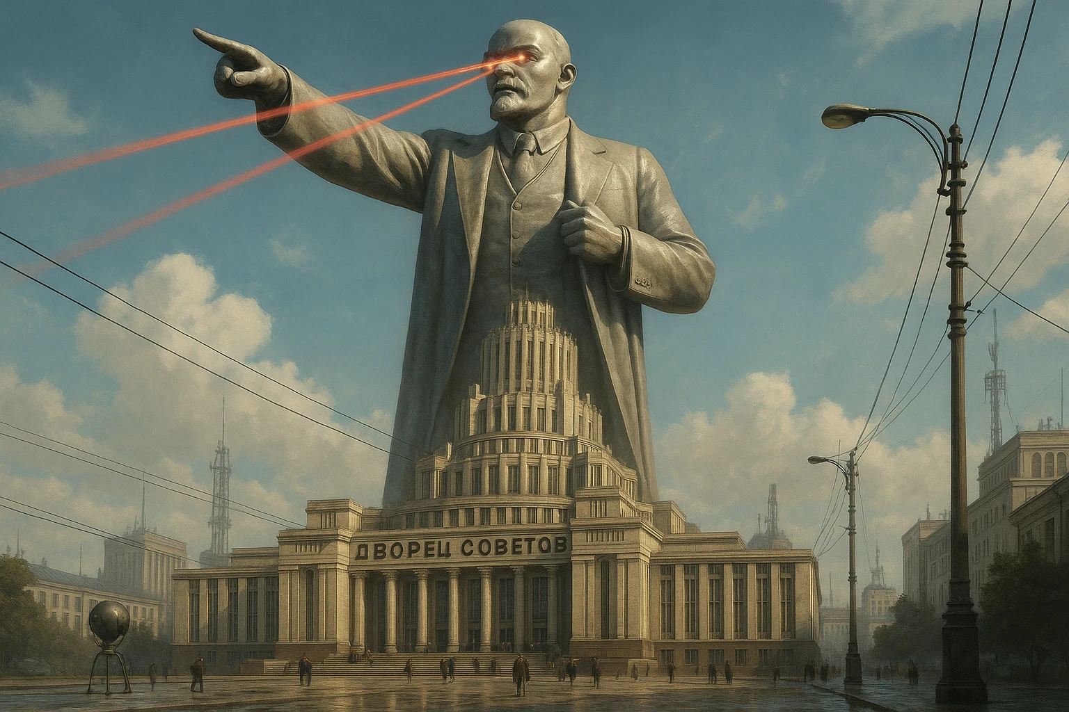 Дворец Советов реалистичный, как на фото. В стиле Atomic Heart, ретрокиберпанк. Упор на 100-метровую фигуру Ленина, у которой из глаз прожекторы лазерные. Светло, день emoji