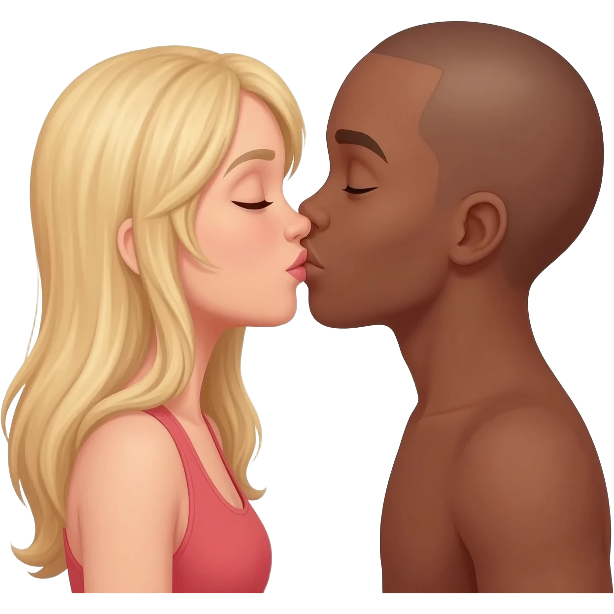 Black man with shaved head kissing blonde woman emoji