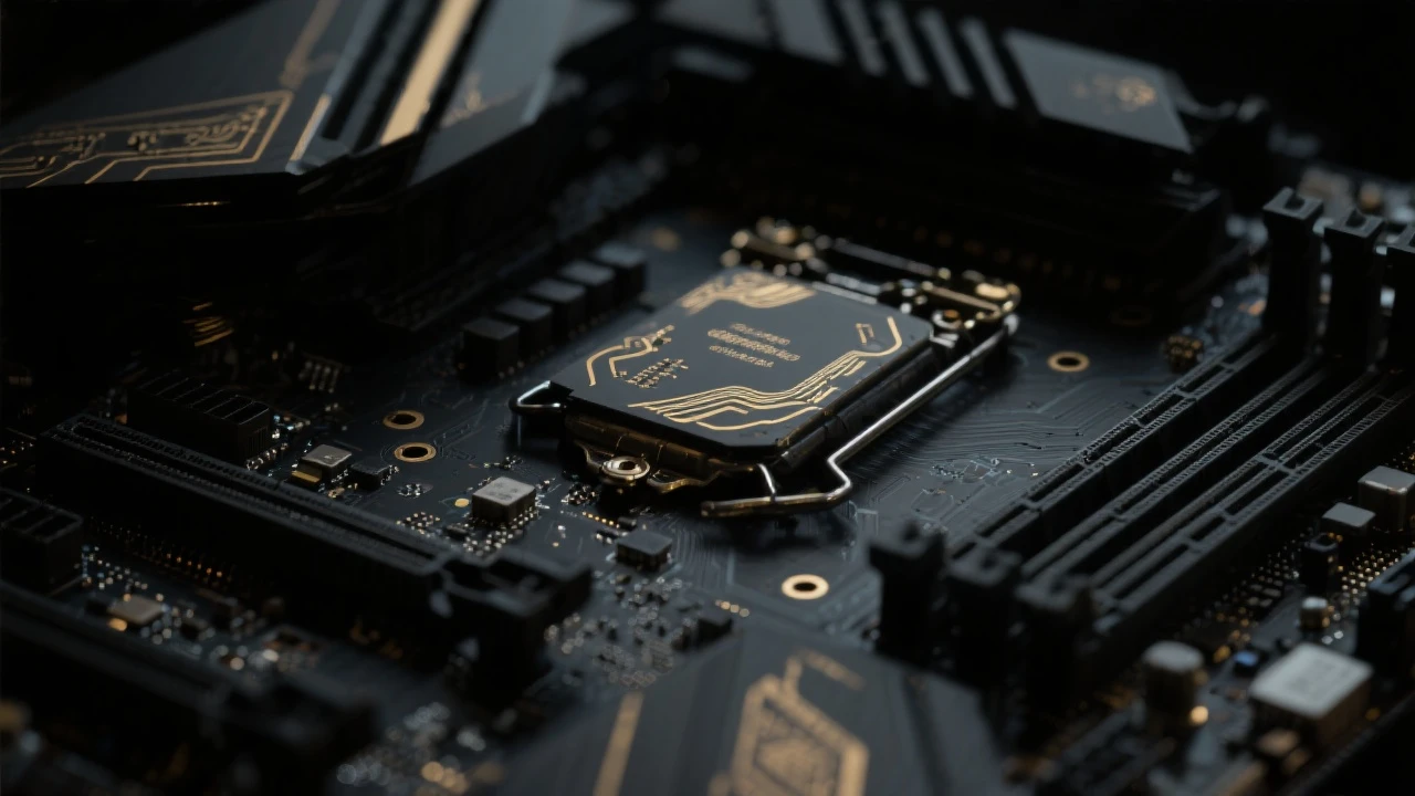 Closeup of black motherboard with subtle gold etchings in moody, dark lighting. emoji