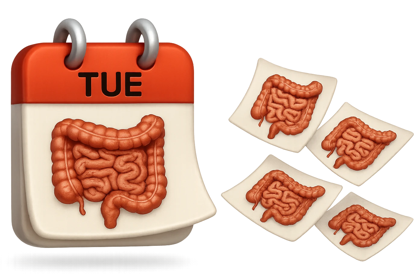 emoji stile iphone di un calendario con fogli che volano insieme, sui fogli ci sono disegnati degli intestini anatomici, iperrealistico 4k, isolato su sfondo bianco emoji