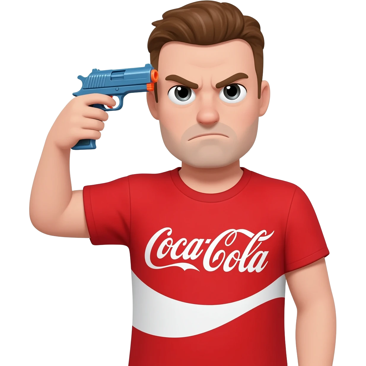 grumpy coca-cola guy with a toy gun pointed at his head emoji