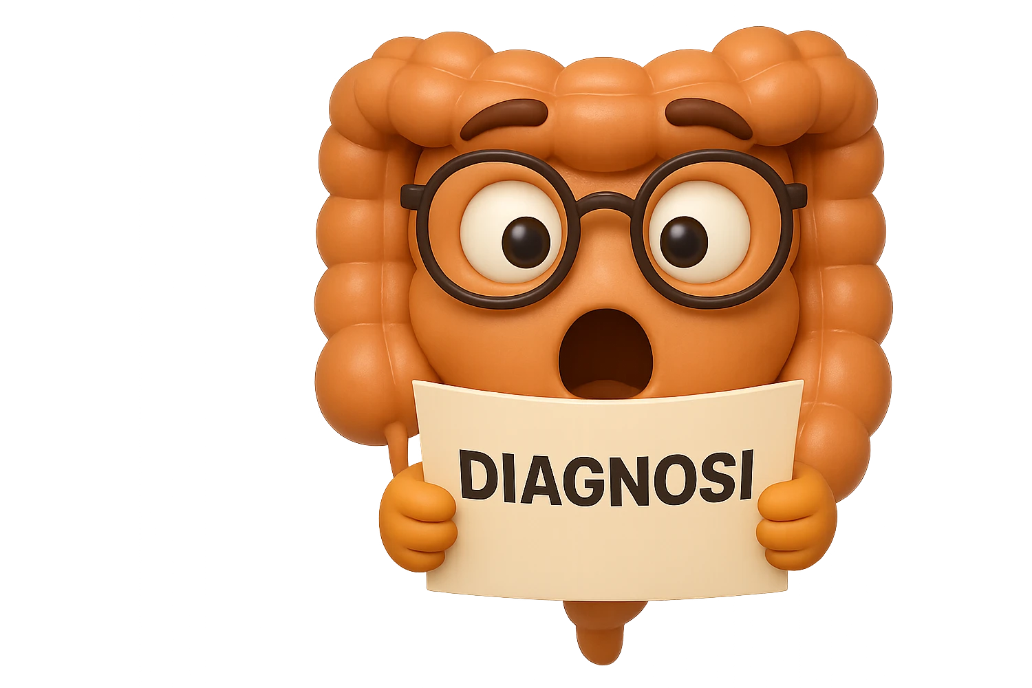 EMOJI STILE IPHONE DI UN INTESTINO CON GLI OCCHIALI CHE LEGGE UN FOGLIO CON LA SCRITTA DIAGNOSI, ESPRESSIONE STUPITA IN VOLTO, IPERREALISTICO 4K emoji
