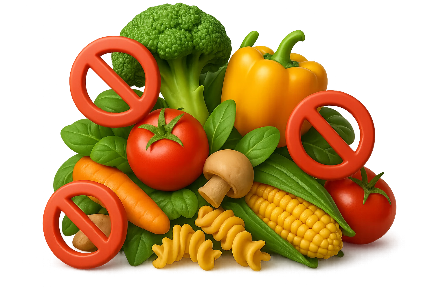 EMOJI STILE IPHONE DI UNa montagna di cibo sano tipo broccoli, pomodori, pasta ecc con divieti 3d sparsi, IPERREALISTICO 4K emoji