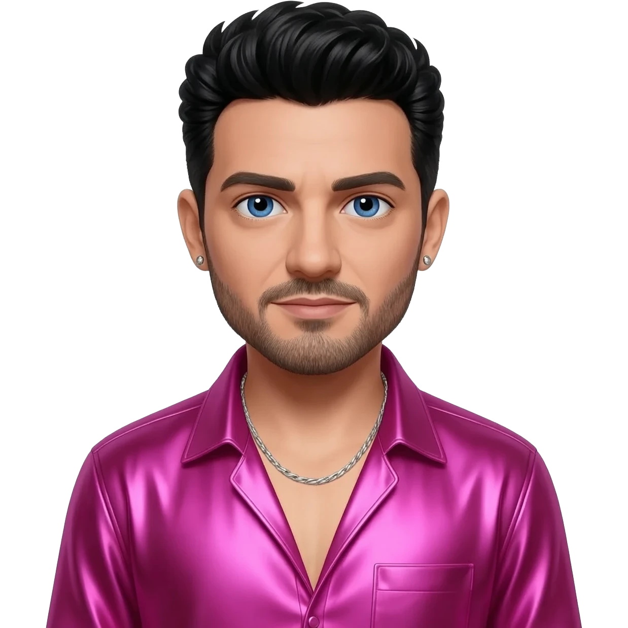 Frankie Zulferino, Pop Singer (b.1990) with blue eyes, black hair and short beard, hot pink metallic open shirt, silver necklace and short earrings emoji