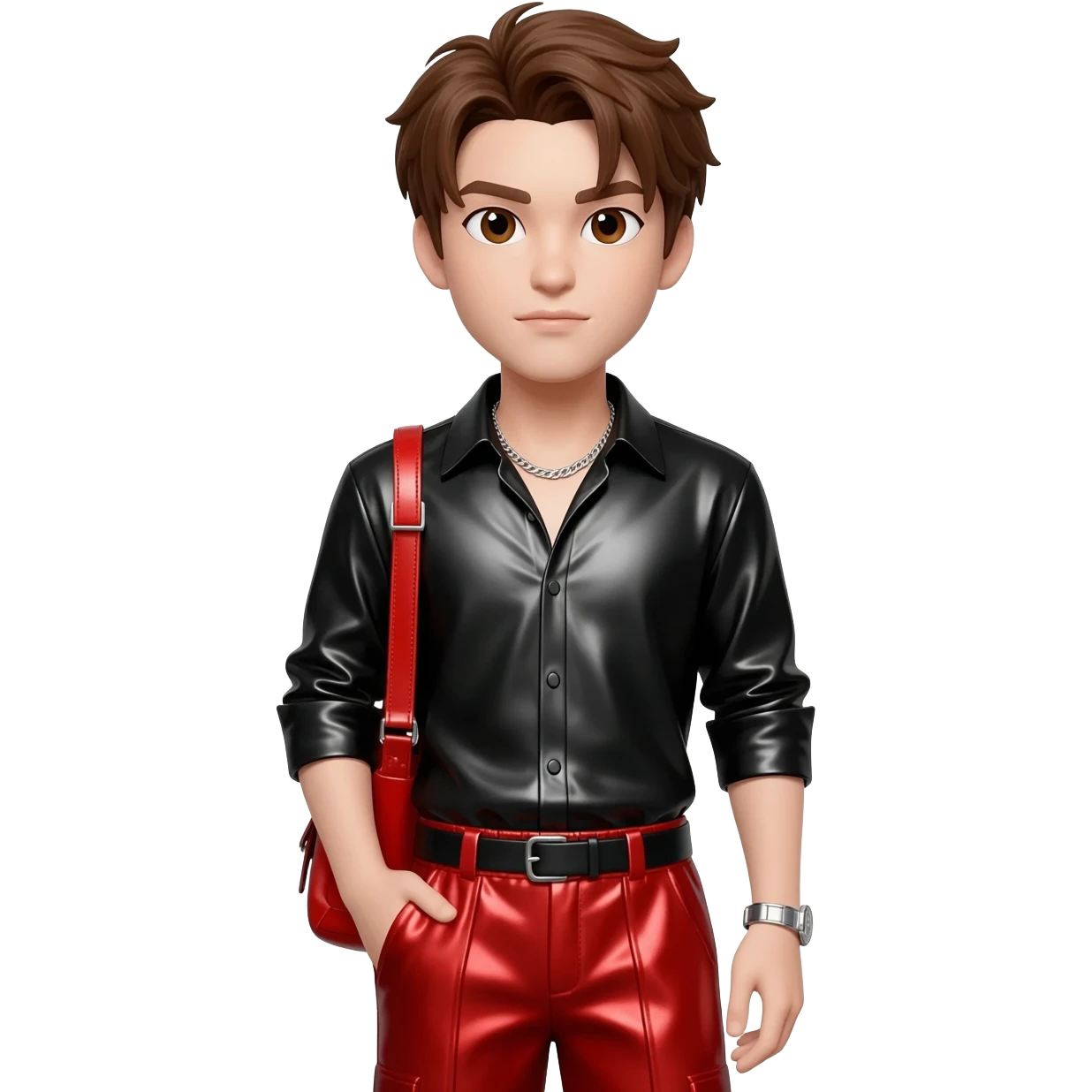 with brown eyes, brown hair, black metallic shirt, red metallic baggy pants, silver necklace emoji