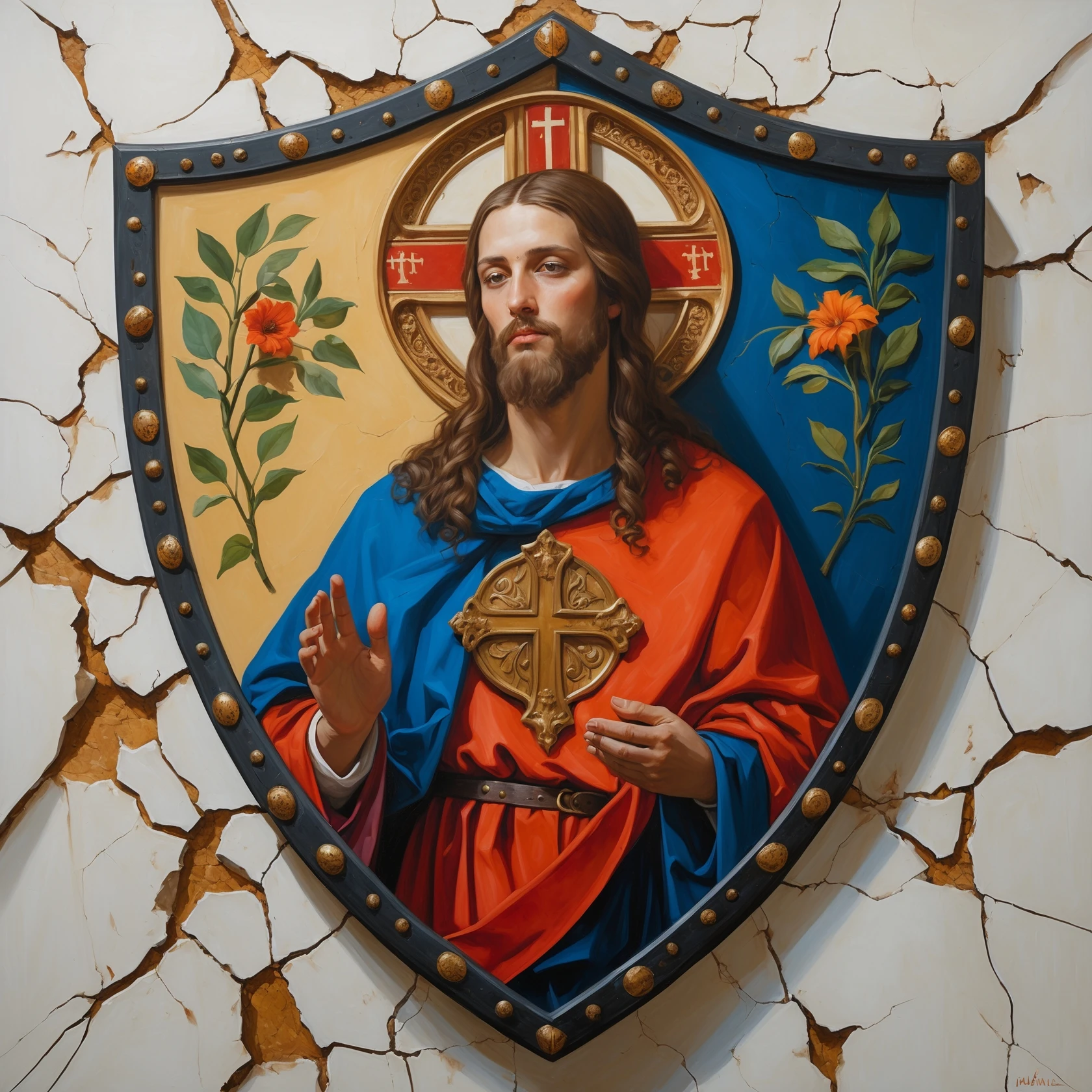 (img2img: strenght:=0.1) <ReferenceOnly-V3> inpaint religious theme onto the shield oil painting style flat image oil cracks countour
medieval shield art
 emoji