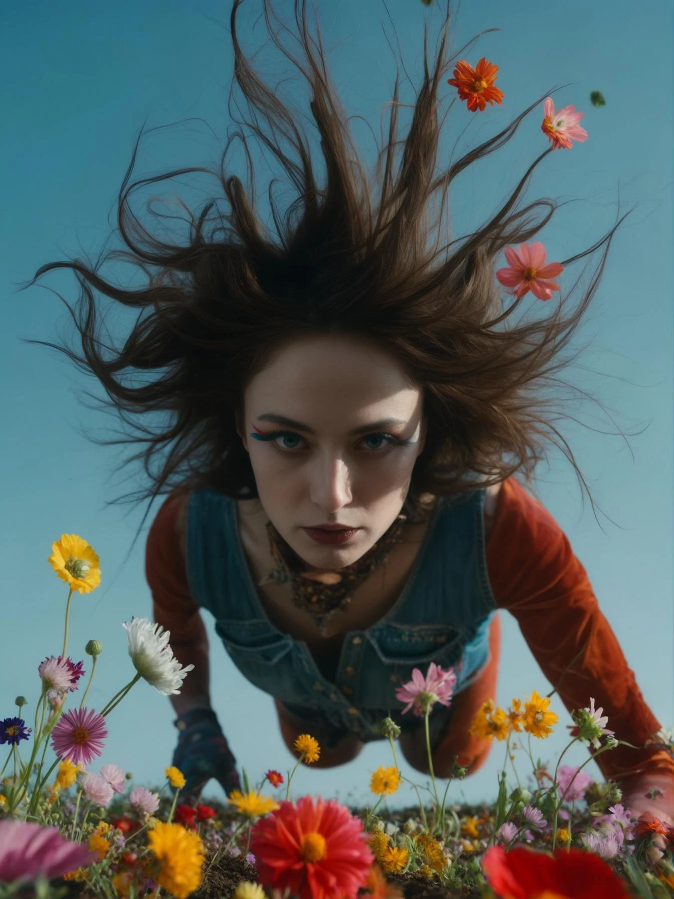Closeup photo of a woman falling down (almost hit the ground) around colorfull flowers wearing alternative fashion, blue sky minimalistic background emoji