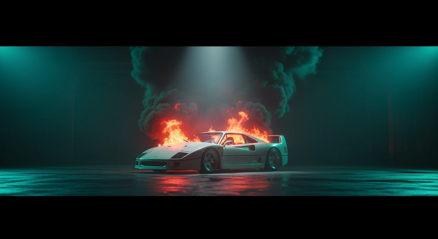 ferrari f40 in fire, black voice around, top spot light, dark has turquoise shade, cinematic look, captured on arri alexa emoji