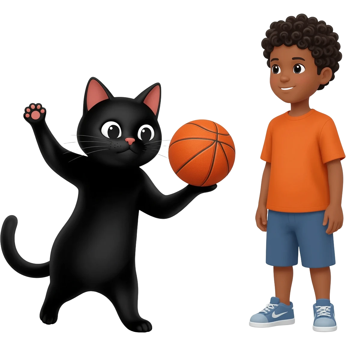 Black cat playing with orange basketball and a little boy with curly black hair emoji