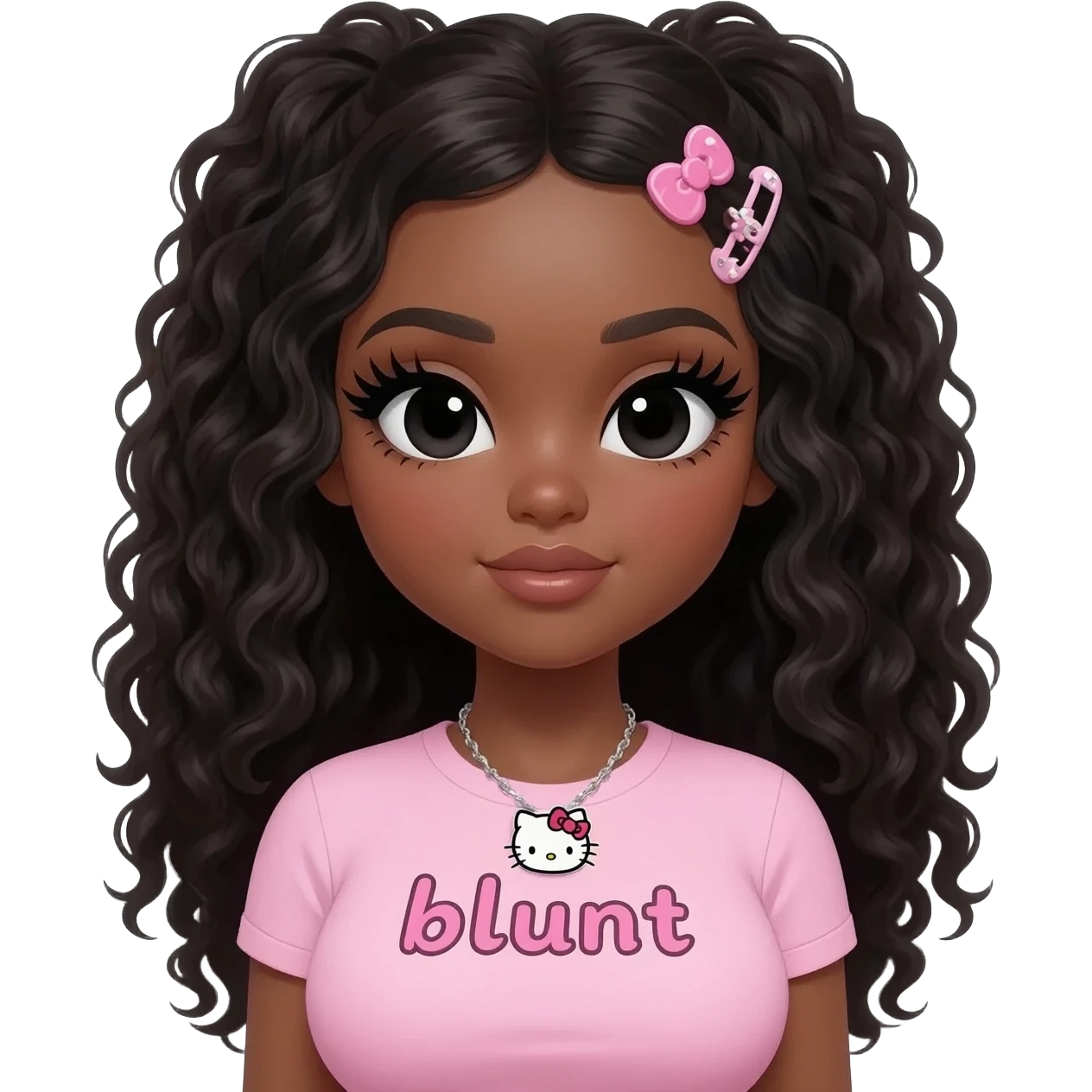 Long giant lashes, my melody hairclip, Doll faced shaped, hello kitty necklace, bimbo, black doll eyes, barbie, dark brown skin with long curly black hair, light pink bimbo shirt says "blunt" , big breast emoji