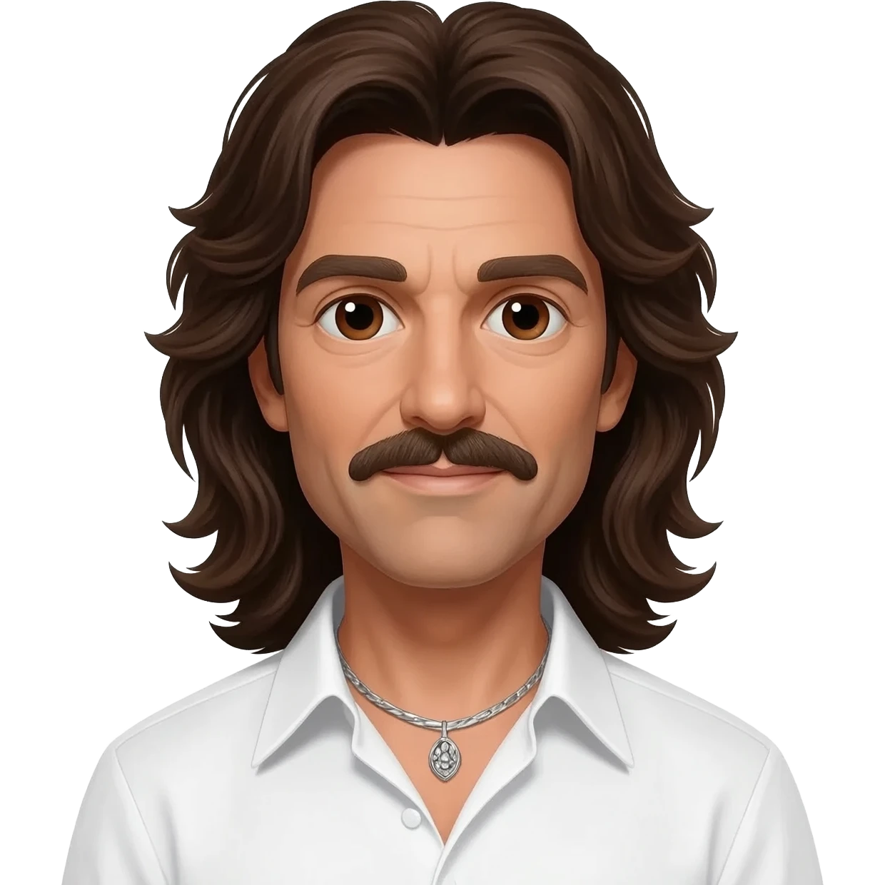 Barry Gibb from Bee Gees with brown eyes, long dark brown hair, white metallic dress shirt, silver necklace emoji