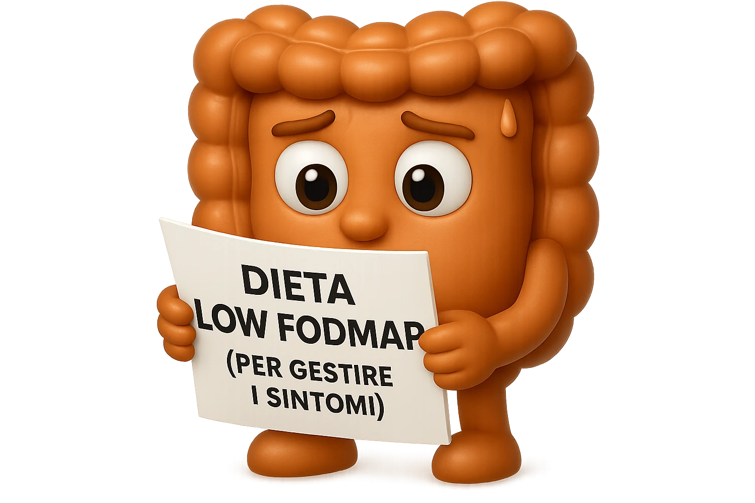 EMOJI STILE IPHONE DI UN INTESTINO UMANO ANATOMICO CHE GUARDA UN FOGLIO CON LA SCRITTA "DIETA LOW FODMAP (PER GESTIRE I SINTOMI)", FAGLI ANCHE LA PARTE BIANCA DEGLI OCCHI, NON SOLO LE PUPILLE, IPERREALISTICO 4K emoji