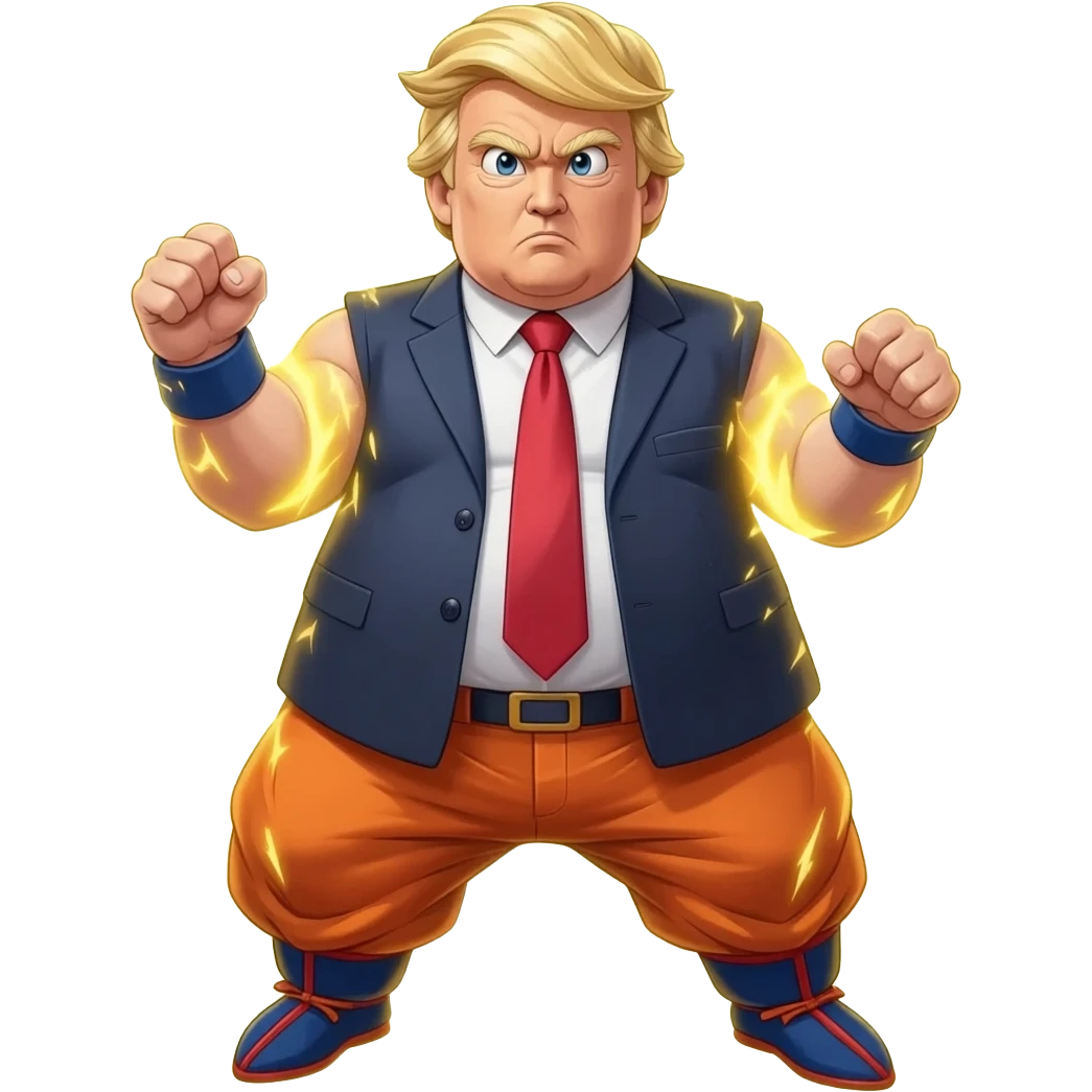 an angry very old and vety fat President Donald Trump in a realistic style, even more realistic and not cartoonist at all, make it un flatering, real life photo, powering up for a dragon ball attack, full body, photo realism emoji