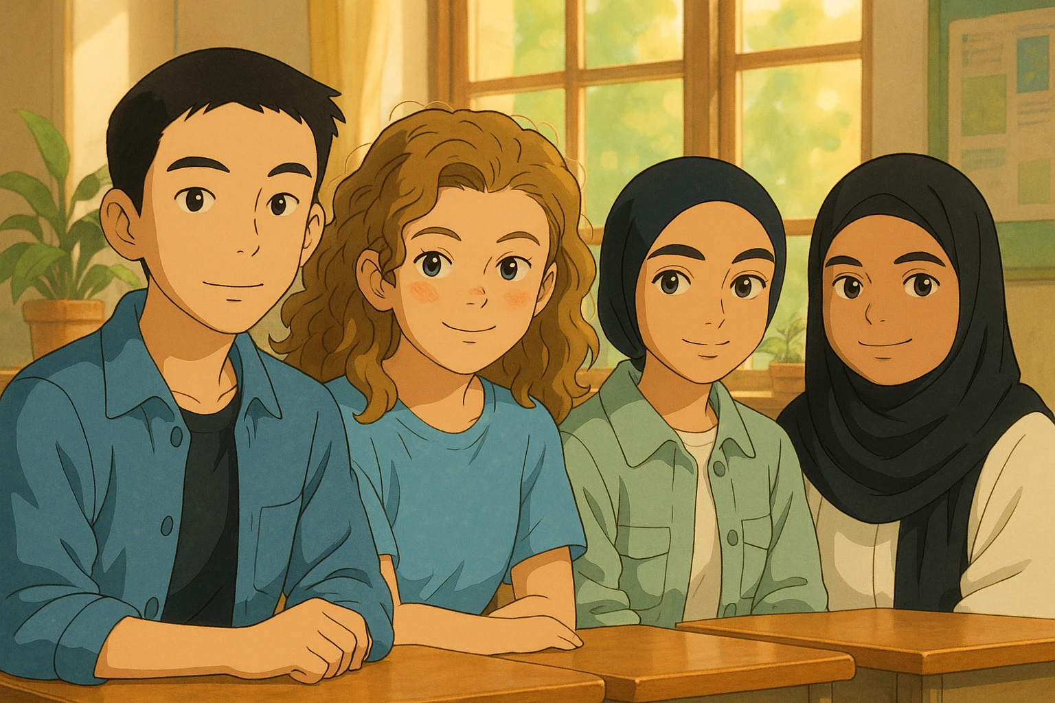 Transform these four students into Ghibli-style characters sitting together in a warm and bright classroom, following a course. Maintain the diversity and distinctive traits of each student. The background should be a classroom setting with a cozy and luminous atmosphere, capturing the essence of Ghibli animation style. emoji