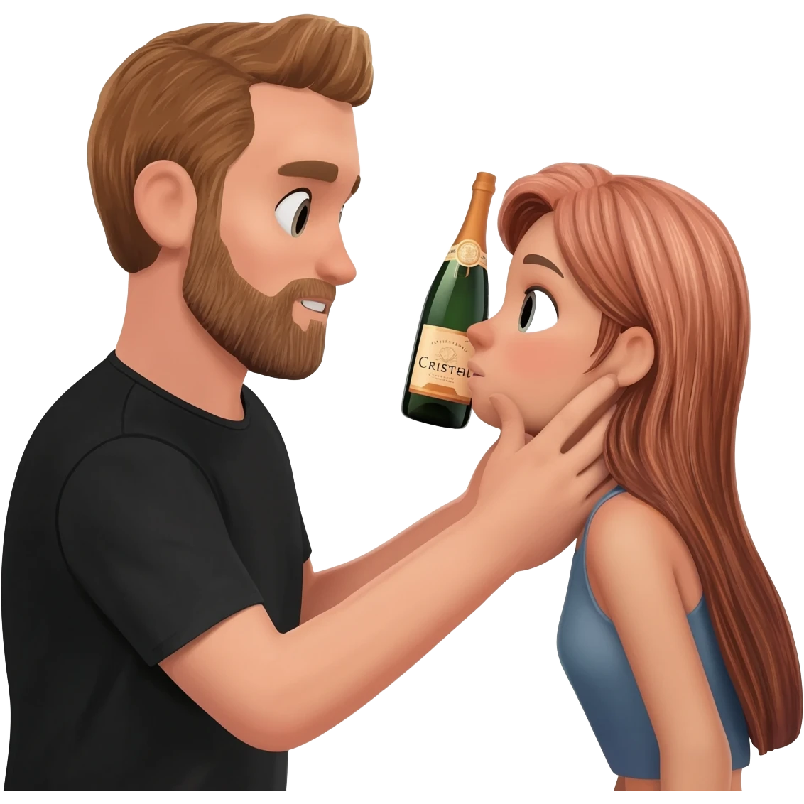 a man in black t-shirt he grabbed a girl's chin and pulled her face to the bottle of Cristal emoji