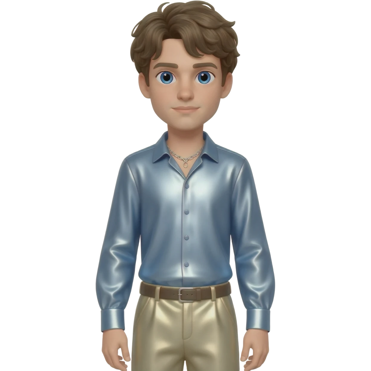Brady Corbet with blue eyes, dark blonde hair, light steel blue metallic shirt, beige metallic baggy pants, silver necklace emoji