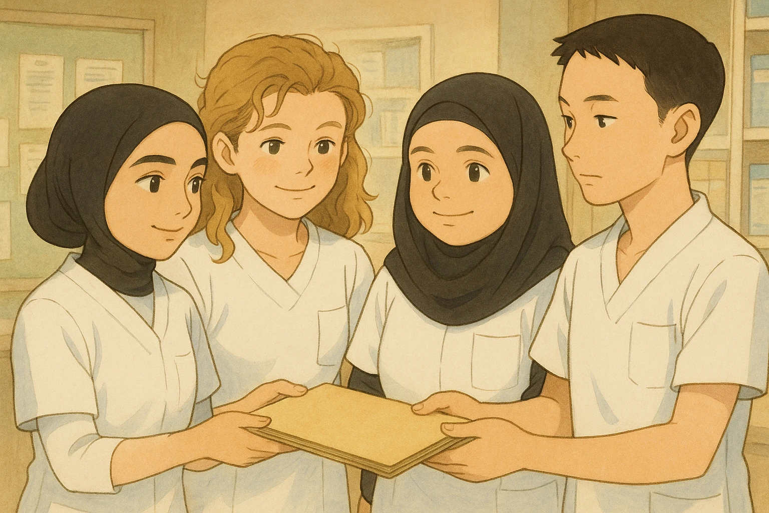 Four nursing students inspired by the four provided faces, working together in a care station, in Ghibli style. They wear short-sleeved white uniforms, medical tunics with V-neck and left chest pocket, no stethoscopes or clothing extending beyond sleeves. They exchange around a patient file, atmosphere of mutual aid and collaboration. emoji