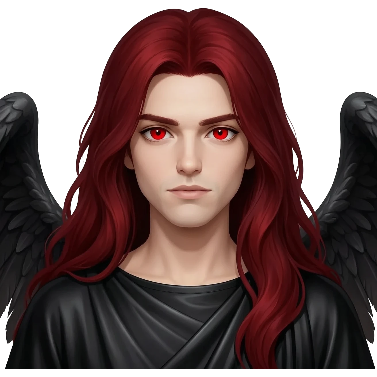 Fallen Angel from Christian Mythology with red eyes, long dark red hair, black metallic toga emoji