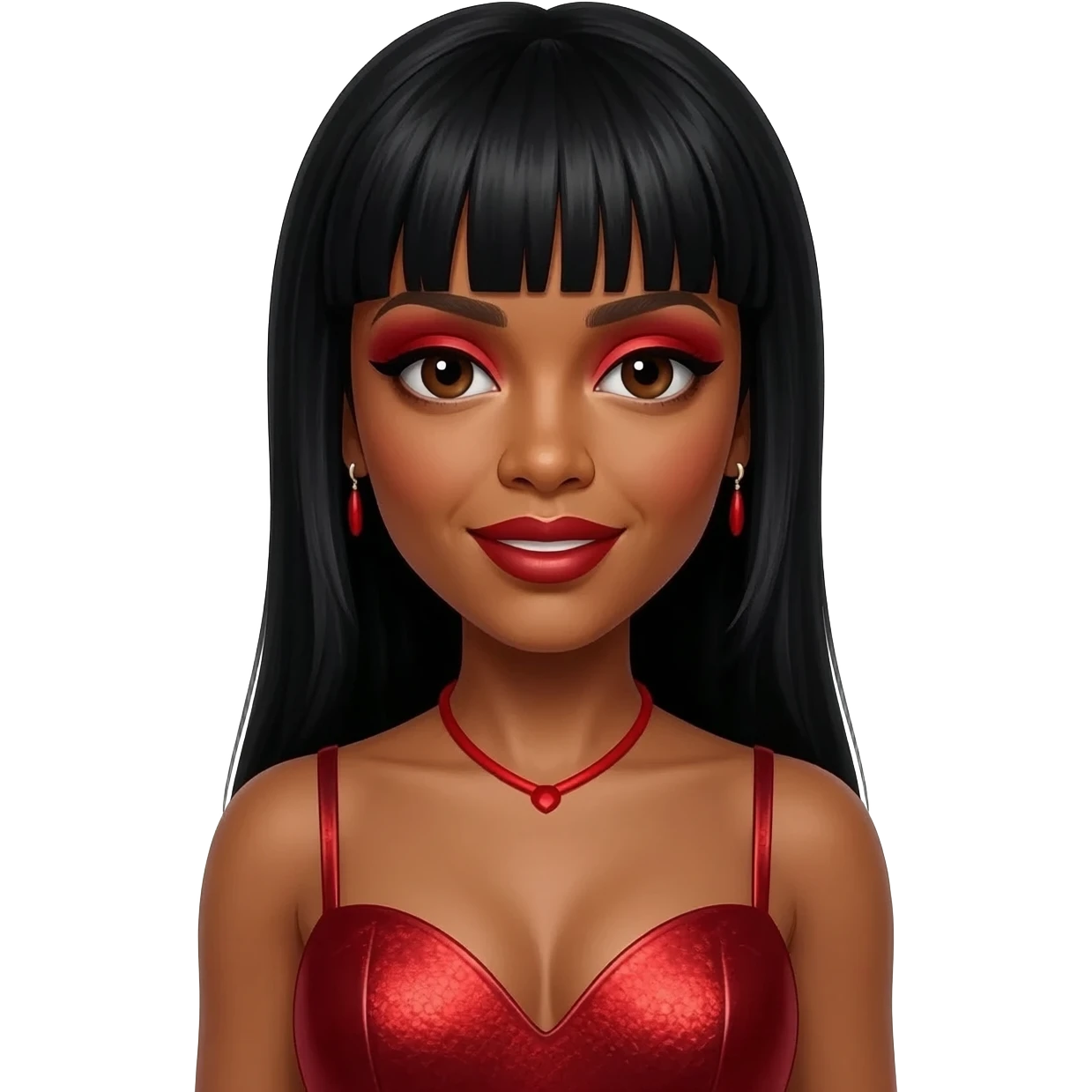 Kelly Rowland with dark brown eyes, red eyeshadow and lipstick, long black straight hair with bang, red metallic sweetheart dress, red necklace and earrings emoji