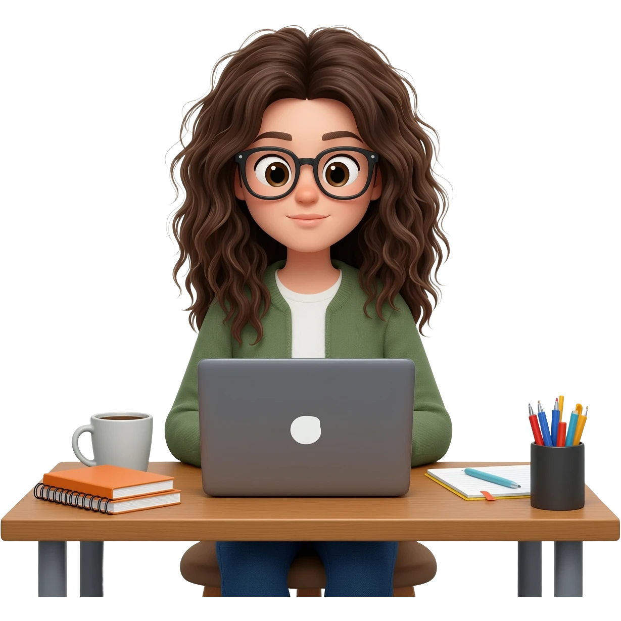 girl with messy long  hair and glasses working from home  on PC emoji