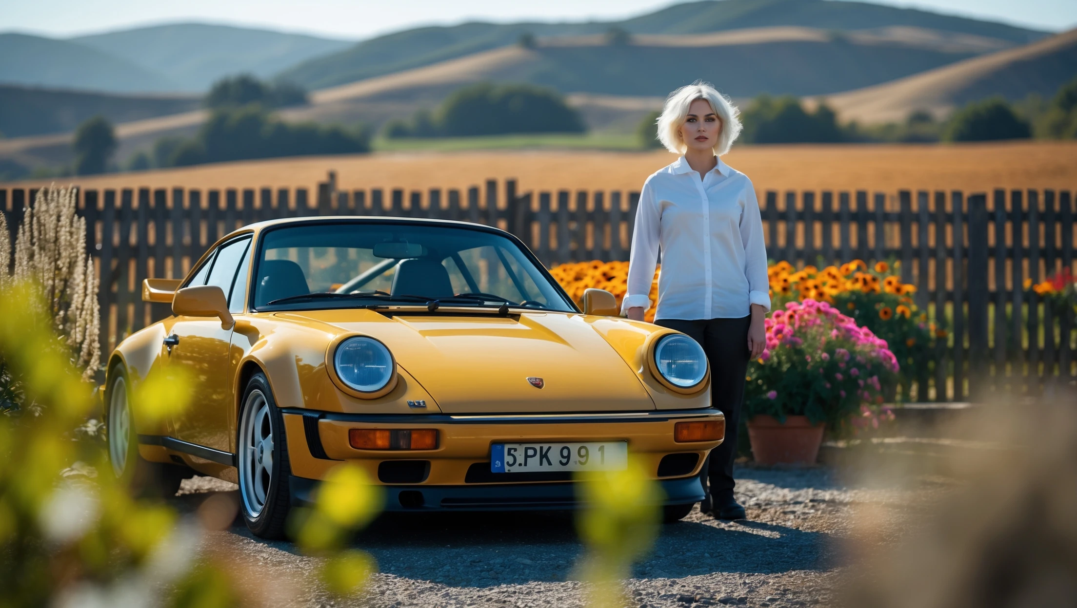 A portrait of a white person next to porsche 911 in the foreground, blurred plants in the foreground, a wooden fence and colorfull flowers in the midground, rolling hills in the background, cinematic depth of field, layered composition, natural lighting emoji