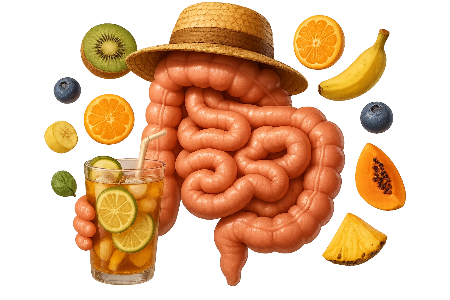 EMOJI STILE IPHONE DI INTESTINO UMANO REALISTICO CON CAPPELLO DI PAGLIA DA SPIAGGIA CHE BEVE UN Tè FREDDO IN BICCHIERE DI VETRO CON DENTRO  fette di cetriolo, limone, lime, DIETRO L'INTESTINO FLUTTUANO PEZZETTI DI Kiwi
Banana acerba
Arance e mandarini
Mirtilli
Ananas
Papaya
IPERREALISTICO 4K emoji
