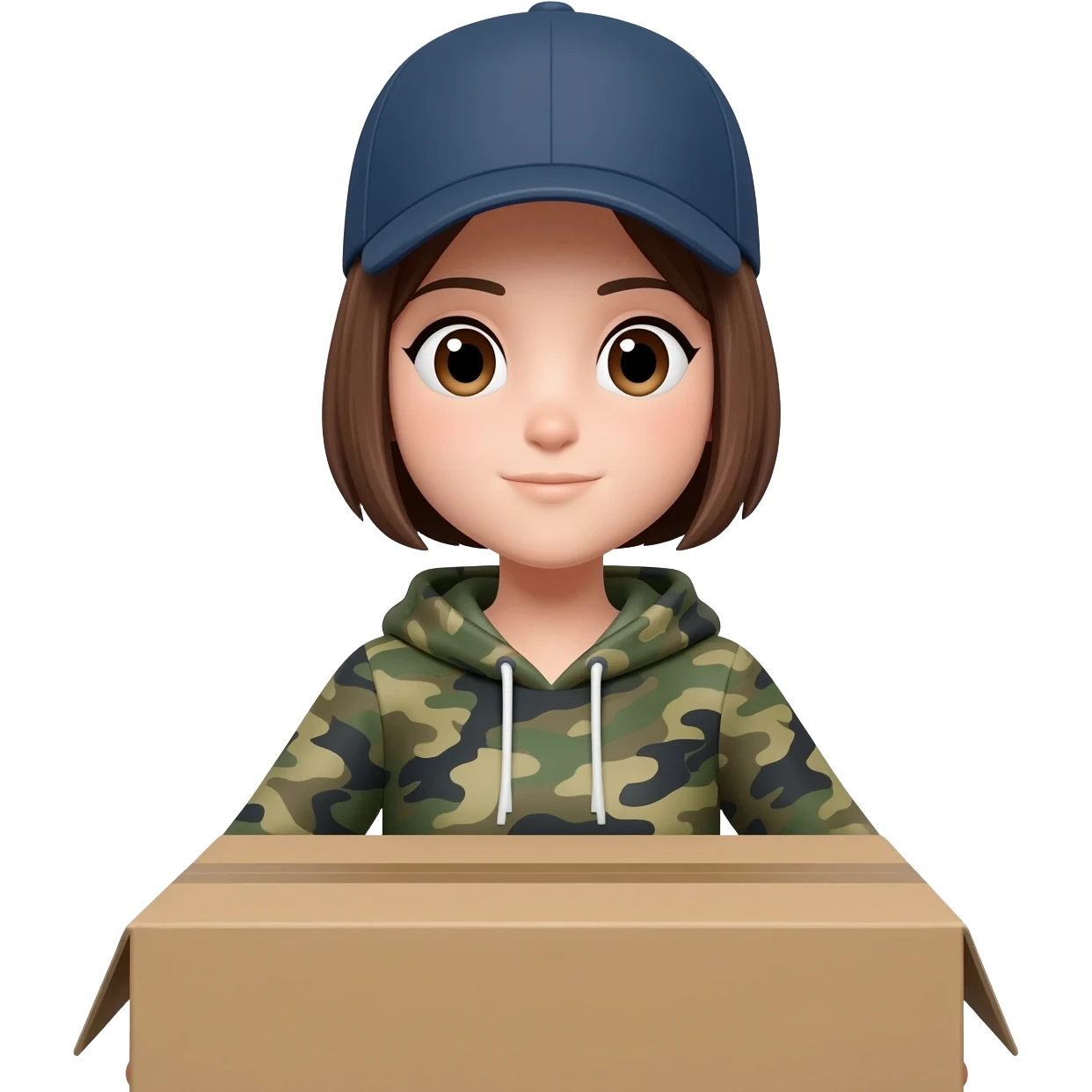 A girl with short hair wearing a baseball hat and a camo hoodie carrying a box emoji