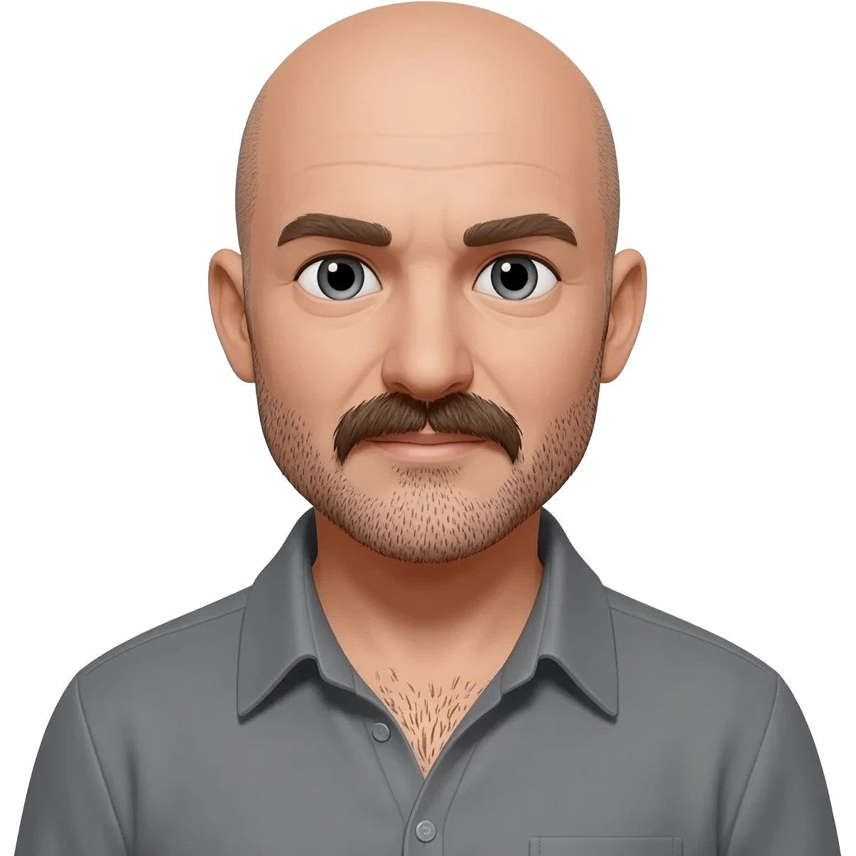 Bald 35 year old man with mustache and scruffy beard. Slightly hairy chest emoji