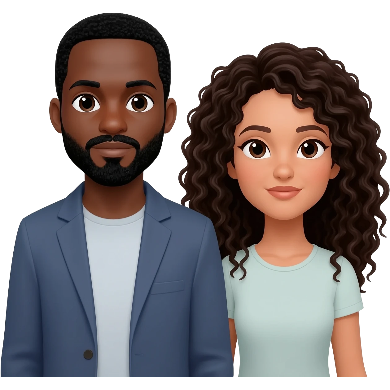 Homem Negro com cavanhaque e mulher branca. cabelos cacheados e preto longo emoji