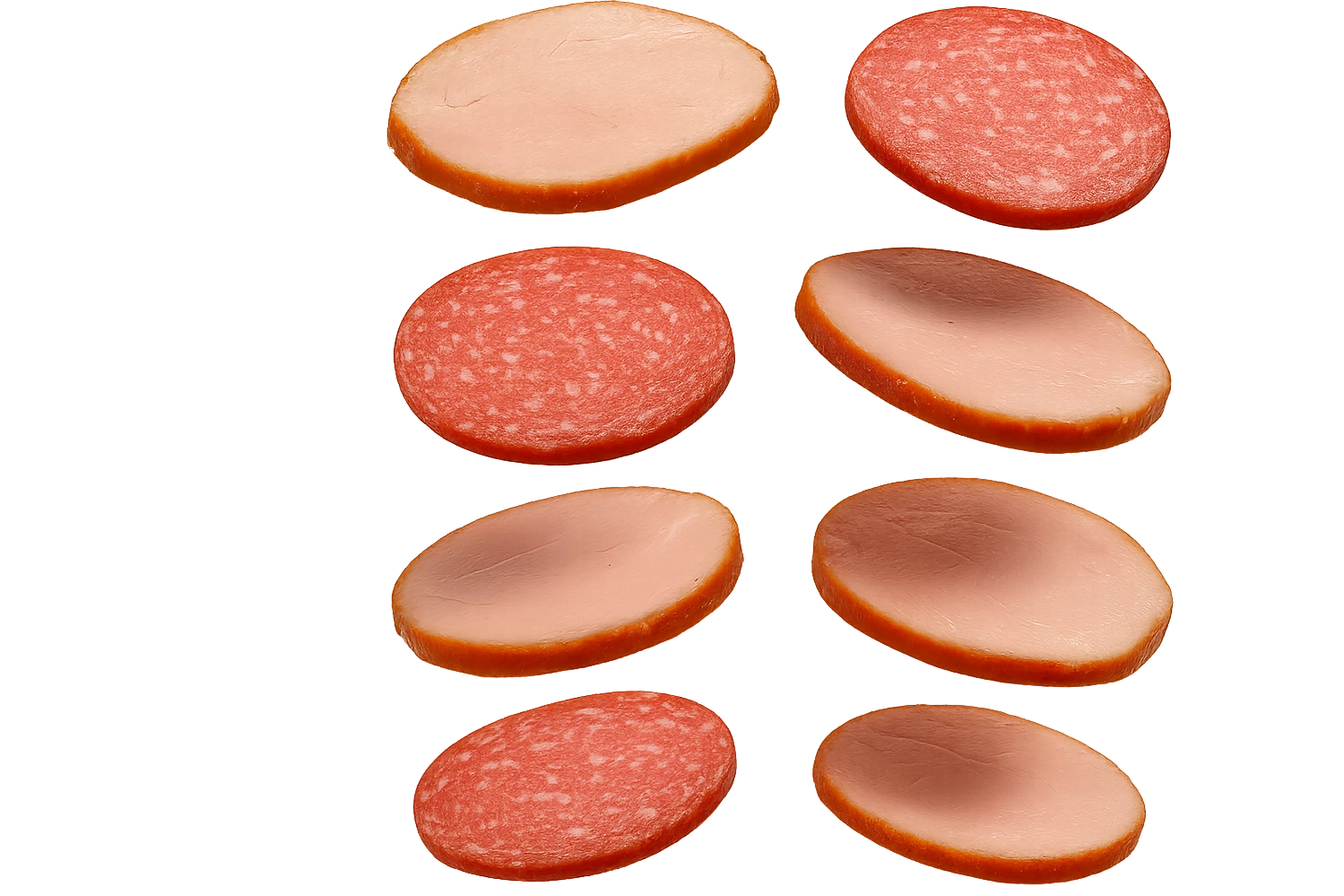 fettine di prosciutto cotto e di salame fluttuano in aria verticalmente, IPERREALISTICA 4K emoji