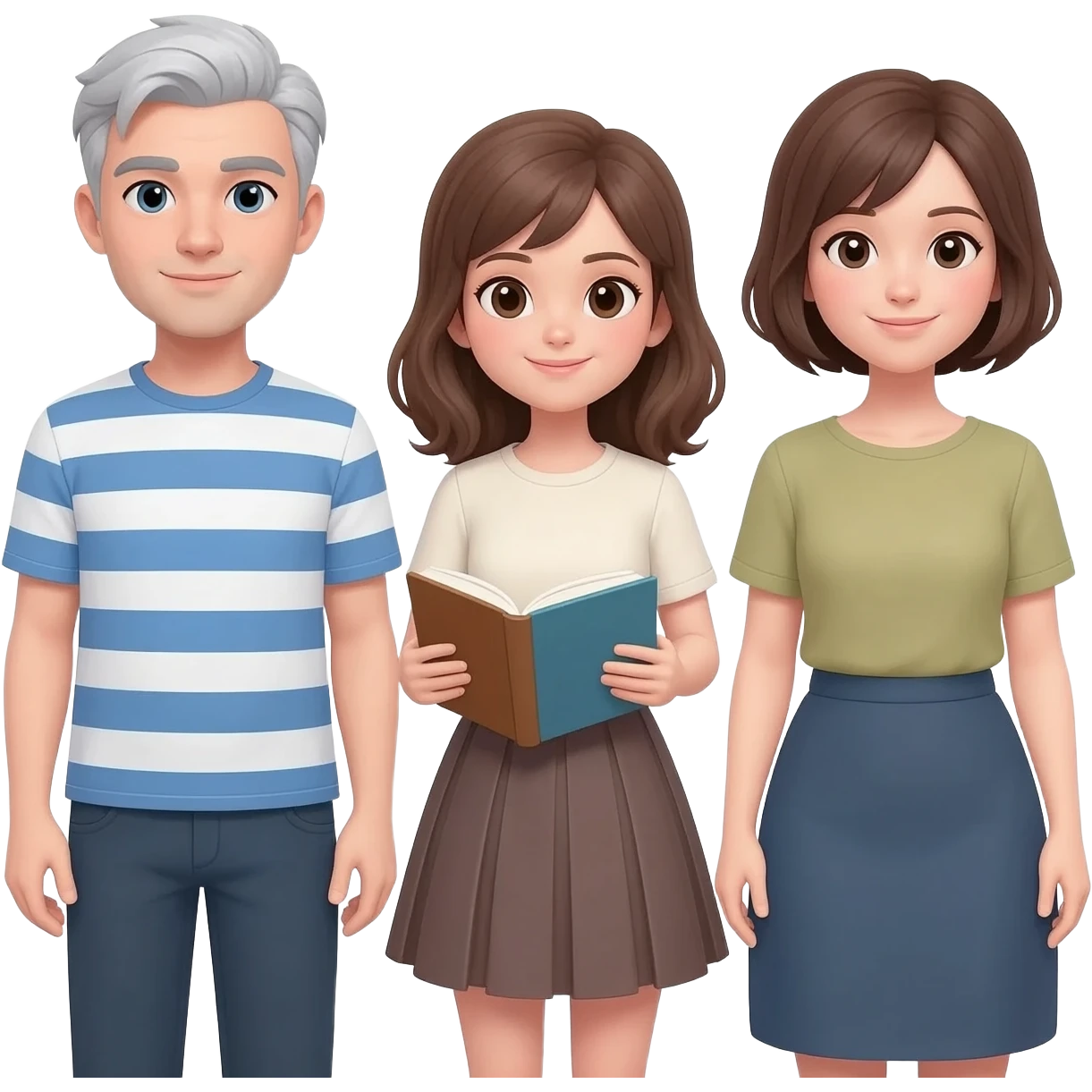 三人嘅emoji~左面男要灰白色頭髮~穿藍白橫條T卹不要鬍鬚~右面一個女仕就又攣又長嘅啡頭髮~中間一個少女就係啡色頭髮穿少女裙子書卷氣～平排一起面向鏡頭 emoji